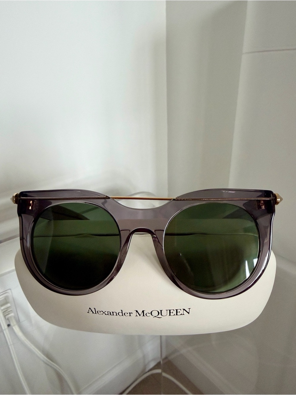 Alexander McQueen Smoky Gray Frame Sunglasses with Green Lenses